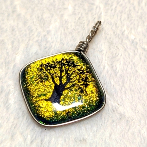 Artisan Made Dichroic Glass Tree Of Life Pendant Wrapped In Sterling Wire - Picture 4 of 9